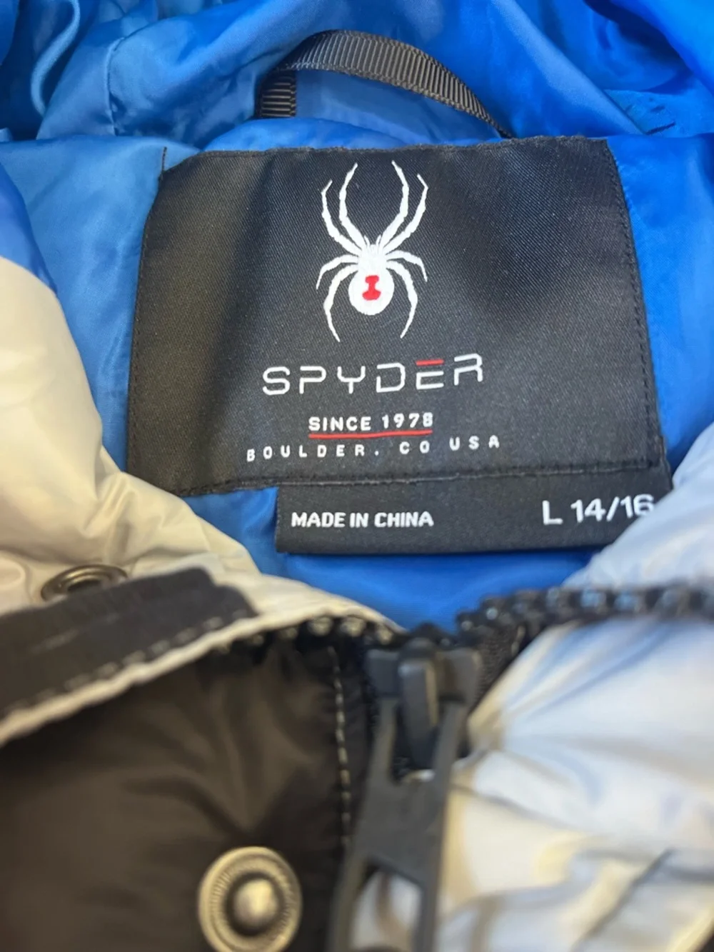Spyder Navy & White Puffer Jacket with Red Accent Logo